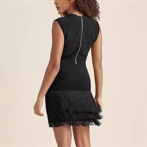 Abito da Donna Sexy con Scollo a V Senza Maniche Nero a Fasce con Frange Vita Alta Vestibilità Aderente Party
