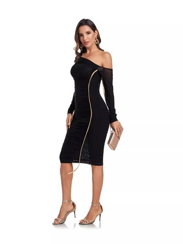 Sexy One-Shoulder Midi Kleid Damen Gerafft Netz-Patchwork Langarm Schlanke Passform Bodycon Party Abend Cocktail Kleid