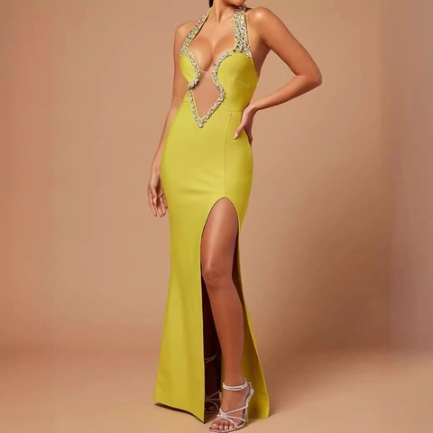 Vestito Bandage con Scollo a Halter e Strass Sexy Spacco Alto Schiena Scoperta Bodycon Maxi Abito da Sera Elegante Donna