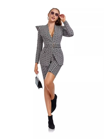 Dames Jacquard Blazer En Shorts Pak Riem Geometrisch Patroon Schoudervulling Lange Mouwen Slim Fit Mode Kantoor Outfit