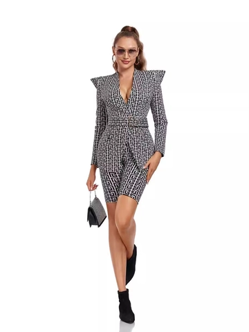 Dames Jacquard Blazer En Shorts Pak Riem Geometrisch Patroon Schoudervulling Lange Mouwen Slim Fit Mode Kantoor Outfit