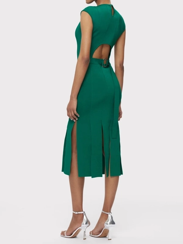 Women Sexy Emerald Green Hollow Out Backless Bandage Dress With Metal Buckle Belt Side Slit Party Evening Midi Dress
