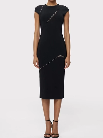Elegant Black Rhinestone Bandage Midi Dress Women Sexy Sleeveless Round Neck Bodycon Party Evening Dress With Back Slit