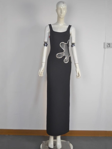 Abito Maxi Bodycon Nero Sexy da Donna in Rete con Strass Traforato Senza Maniche Scollo Quadrato Elegante Abito da Sera per Feste