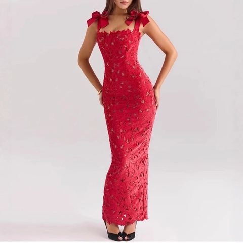 Damen Sexy Spitze Hohl Abendkleid Elegant Schleife Schultergurte Bodycon Meerjungfrau Maxikleid Bankett Party Ballkleid