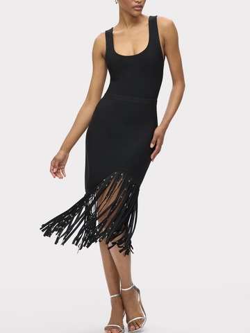 Robe Midi Bandage Noire Sans Manches Pour Femmes Avec Ourlet À Glands Et Rivets Robe De Soirée Sexy Bodycon Col Rond Zip Dos