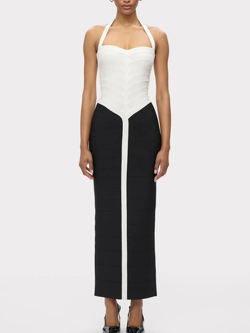 Γυναικείο Κομψό Midi Φόρεμα Επίδεσμος Halter Neck Μαύρο Άσπρο Αντίθεση Bodycon Αμάνικο Εξώπλατο Σχίσιμο Βραδινό Φόρεμα