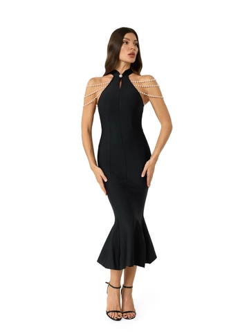 Abito a Sirena Donna Elegante con Scollo ad Halter Catena di Künstliche Perle Spalla Senza Maniche Schiena Scoperta Bandage Aderente Lungo Festa Banchetto
