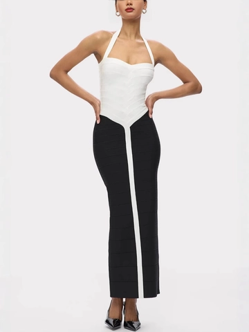 Γυναικείο Κομψό Midi Φόρεμα Επίδεσμος Halter Neck Μαύρο Άσπρο Αντίθεση Bodycon Αμάνικο Εξώπλατο Σχίσιμο Βραδινό Φόρεμα