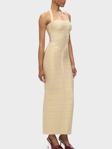 Élégante Robe Longue Bandage Or Champagne pour Femme Dos Nu Moulante Paillettes Métalliques Robe de Soirée Mariage
