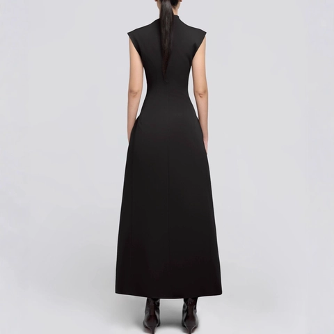 Elegant Women Sleeveless Asymmetric High Neck Maxi Dress Sculptural A-Line Evening Gown Minimalist Formal Banquet Dress