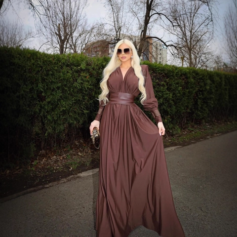 Women French V-Neck Long Sleeve Maxi Dress With Waist Cincher Elegant Coffee Ruched Party Evening Dress Designer Style