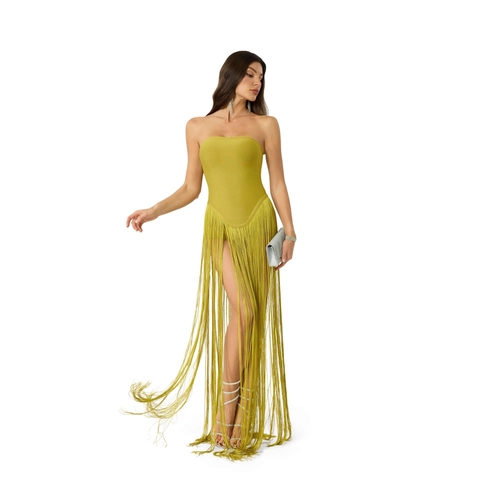 Damen Sexy Bandeau Kleid Mit Langen Franseln Elegant Tassel Bodycon Maxikleid Für Party Bankett Abendkleid Clubwear