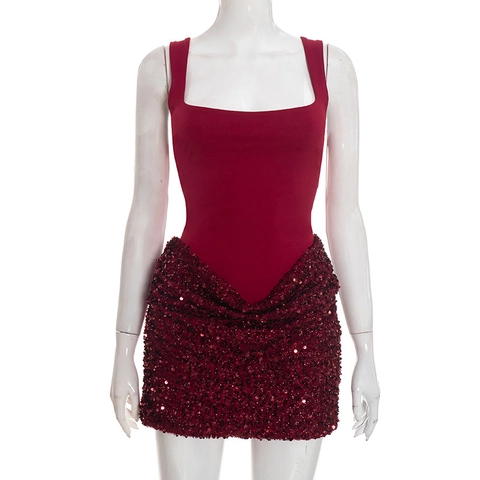 Women Sexy Sequin Bodycon Mini Dress Patchwork Square Neck Sleeveless Slim Fit Party Evening Cocktail Burgundy Black Dress