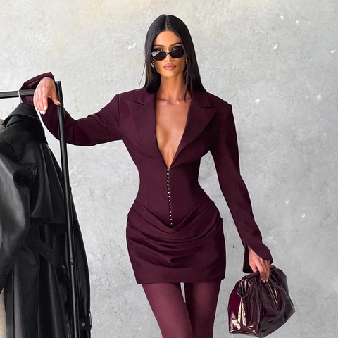 Women Deep V Neck Blazer Mini Dress Ruched Long Sleeve Bodycon Party Dress Polyester Blend Elegant Evening Solid Color