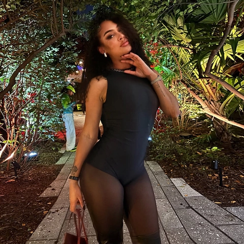 Mono Sexy De Mujer Con Empalme De Malla Sin Mangas Plisado Slim Fit Cintura Alta Pantalones De Malla Color Sólido Elegante Party Mono