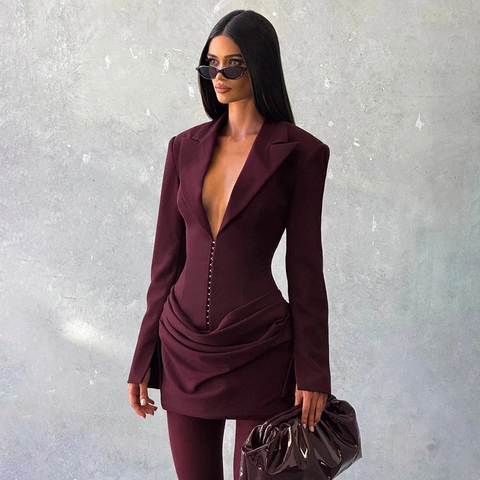 Women Deep V Neck Blazer Mini Dress Ruched Long Sleeve Bodycon Party Dress Polyester Blend Elegant Evening Solid Color