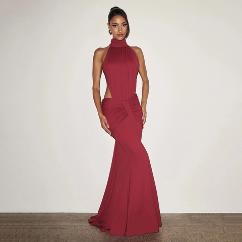 Women's Halter Backless Ruched Cut-Out Maxi Dress Sleeveless Slim Fit Fishtail Evening Gown For Elegant Party Banquet