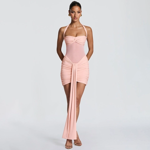 Robe Courte Sexy Femme Dos Nu Col en V Profond Épissage en Maille Robe Moulante Ruched Avec Noeud Devant Long Ruban Été