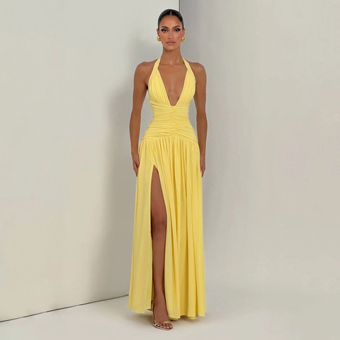 Elegante Halternek V-hals Maxi-jurk voor Vrouwen Zomer Effen Kleur Hoge Split Geplooid Rugloos Bodycon Party Avondjurk