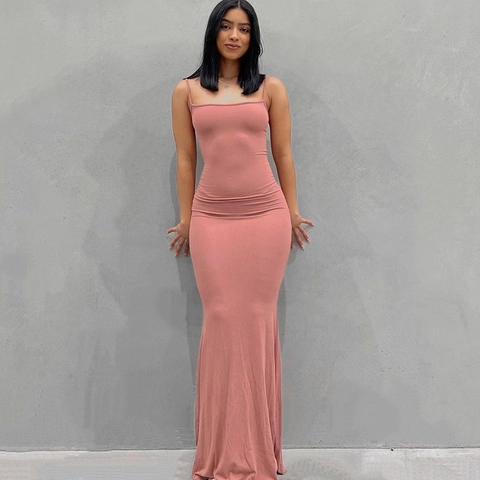 Women Sexy Bodycon Maxi Dress Spaghetti Strap Sleeveless Solid Color Slim Fit Stretchy Summer Clubwear Long Pencil Dress