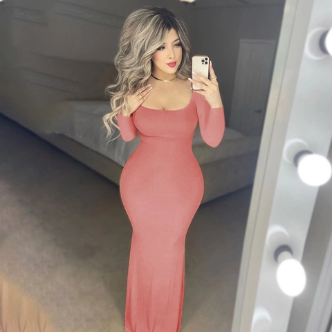 Women's Elegant Slim Fit Maxi Dress Long Sleeve U-Neck Solid Color Fishtail Hem Bodycon Knitted Long Dress For Party Wear