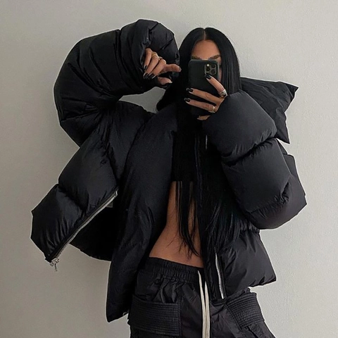 Women Casual Oversized Short Puffer Jacket High Collar Zipper Solid Color Winter Warm Padded Cotton Coat Streetwear