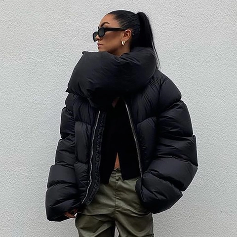 Women Casual Oversized Short Puffer Jacket High Collar Zipper Solid Color Winter Warm Padded Cotton Coat Streetwear