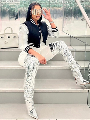Γυναικείο Μοδάτο Cropped Varsity Jacket Μεταλλικό Ασημί Patchwork Μανίκι Κουμπιά Εκτύπωση Γραμμάτων Casual Streetwear Πανωφόρι