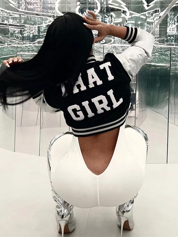 Γυναικείο Μοδάτο Cropped Varsity Jacket Μεταλλικό Ασημί Patchwork Μανίκι Κουμπιά Εκτύπωση Γραμμάτων Casual Streetwear Πανωφόρι