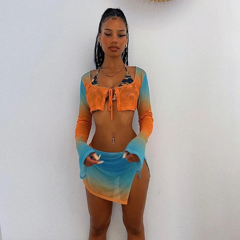 Completo Donna in Mesh Ombre con Top e Gonna Sexy Crop Top a Manica Lunga e Minigonna a Portafoglio con Lacci Mesh Outfits