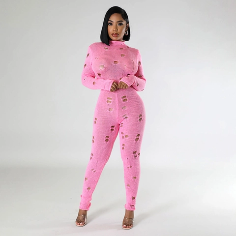 Women Sexy Distressed Knit Jumpsuit Hollow Out Backless Lace Up Ribbed Skinny Bodycon Romper Streetwear One Piece Clubwear