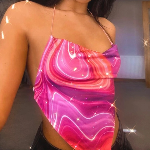 Women Sexy Satin Marble Print Halter Crop Top Backless Bandage Handkerchief Hem Summer Vacation Party Clubwear Top