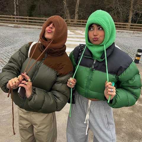 Women Casual Color Block Puffer Jacket Stand Collar Long Sleeve Zipper Bread Coat Winter Warm Quilted Short Outerwear