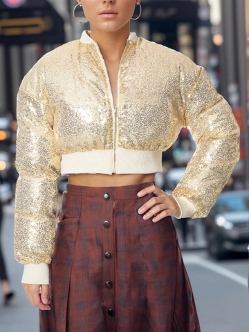Giacca Bomber Donna con Paillettes Oro Corta Zip Manica Lunga Bordi a Coste Lucida Sparkly Party Casual Slim Fit Imbottita