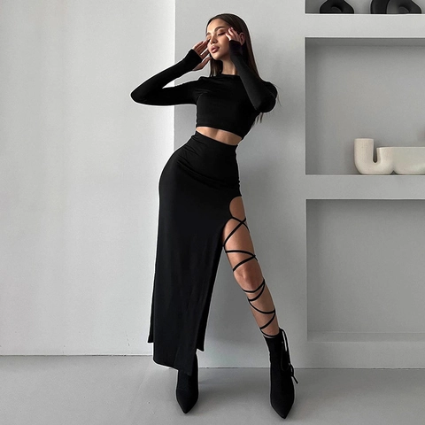 Women Sexy Slim Fit Long Sleeve Round Neck Crop Top And High Slit Lace Up Maxi Skirt Suit Fashion Solid Color Streetwear Clothing