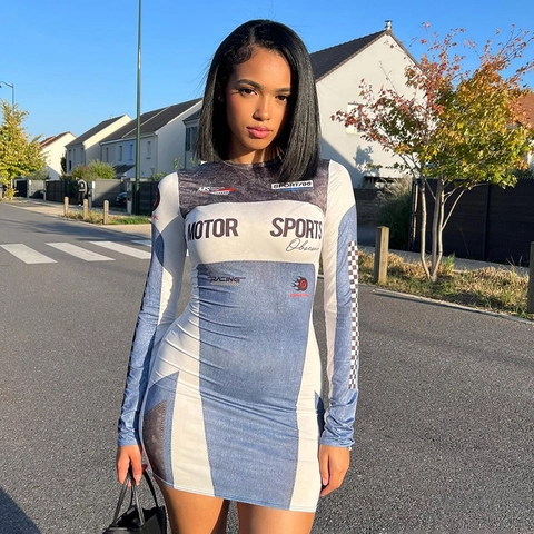 Robe Mini Femme Style de Course Manches Longues Patchwork Imprimé Damier Bodycon Streetwear Robe Extensible Pullover