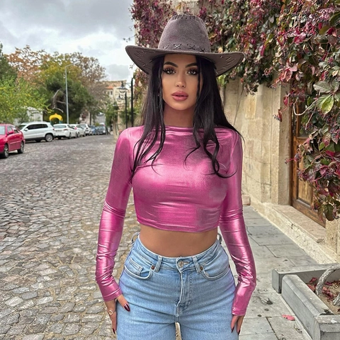 Women Sexy Long Sleeve Crop Top Metallic Shiny Round Neck Slim Fit Fashion Tee For Party Clubwear Streetwear Pink Silver Black