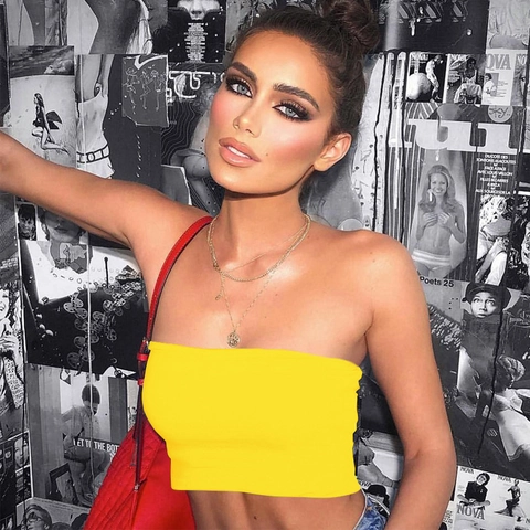 Women Sexy Slim Fit Tube Top Solid Yellow Polyester Spandex Sleeveless Pullover Summer Crop Top Short Casual Vest Clothing
