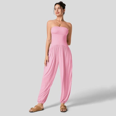 Women's Casual Strapless Jumpsuit Solid Color Loose Harem Pants Tube Top Summer Gathered Waist Jumpsuit With Pockets