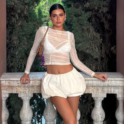 Women Sexy Sheer Mesh Long Sleeve Crop Top Solid Color Ruched Mock Neck Transparent See Through Slim Fit Tee Shirt Top