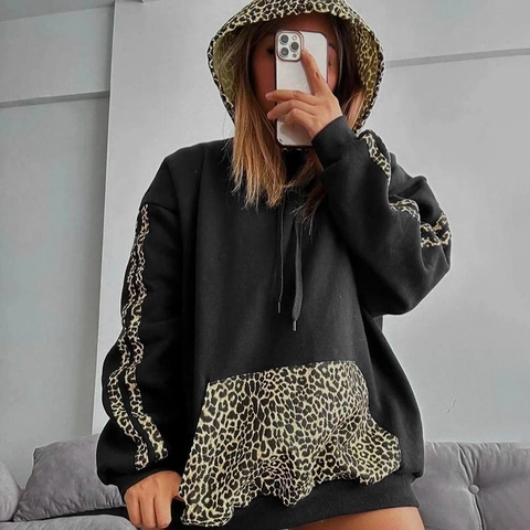 Women Casual Leopard Patchwork Hoodie Oversized Long Sleeve Pullover Sweatshirt with Pocket Autumn Streetwear Hooded Top