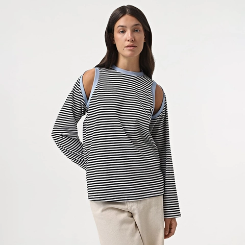 Women Casual Striped Long Sleeve Top Round Neck Cold Shoulder Contrast Trim Loose Fit Polyester T-Shirt Autumn Fashion Blouse