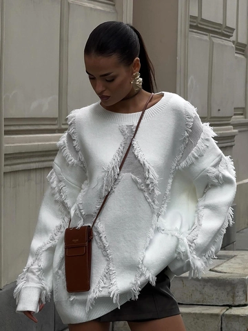Pull en Tricot pour Femme Oversize avec Franges Déchirées Manches Longues Col Rond Couleur Unie Haut Décontracté Automne Hiver