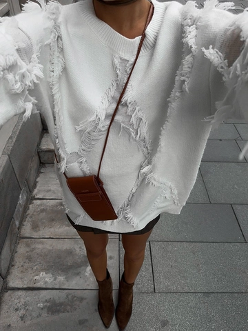 Pull en Tricot pour Femme Oversize avec Franges Déchirées Manches Longues Col Rond Couleur Unie Haut Décontracté Automne Hiver
