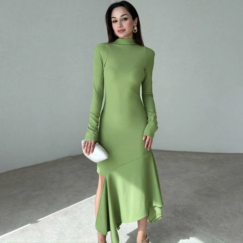 Elegante Vestido Midi De Manga Larga Con Cuello Alto Para Mujer Dobladillo Con Volantes Asimétrico Con Abertura Lateral Slim Fit