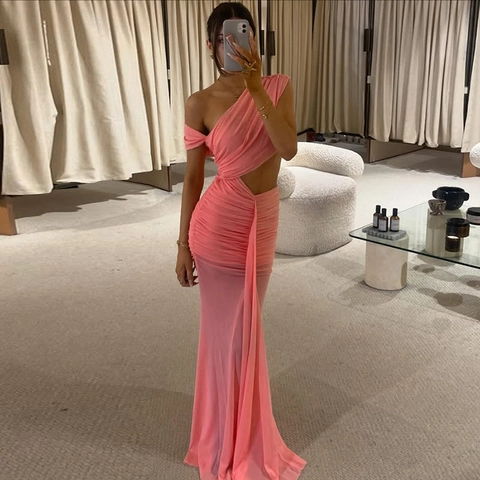Women One Shoulder Cutout Ruched Maxi Dress Sexy Slim Fit Elegant Solid Color Sleeveless Evening Party Gown Wedding Guest
