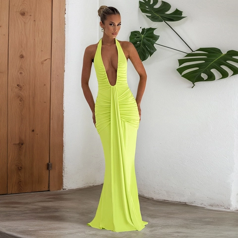 Damen Sexy Halter V-Ausschnitt Rückenfrei Gerafft Maxi Kleid Elegant Ärmellos Meerjungfrau Party Abendkleid Für Bankett