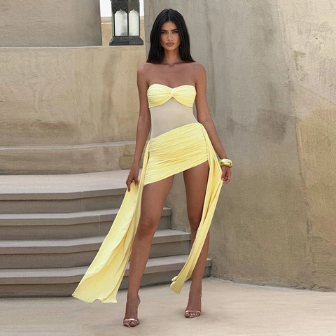 Sexy Mesh Patchwork Bandeau Rugloos Bodycon Mini Jurk Voor Vrouwen Elegant Geplooid Lange Slingers Mouwloos Feest Club Jurk