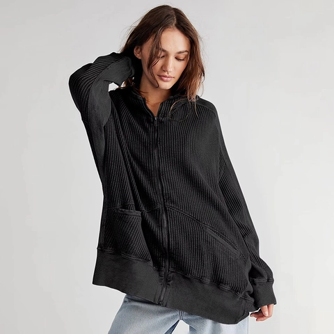 Women Casual Waffle Knit Hooded Zip Up Cardigan Oversized Drop Shoulder Long Sleeve Solid Color Sweatshirt Jacket Coat